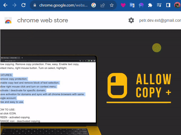 Pin the Allow Copy + extension for easier use in enabling text copying on protected websites.